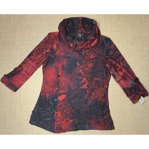 Calessa Velvet Burnout Top Red Black Cowl Neck Stretch Asian Dark Romantic Goth